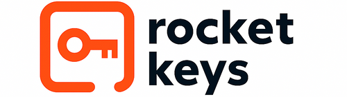 Logo of rocket keys with an orange square and key icon on a white background